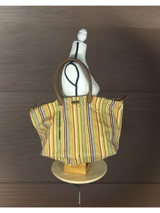 Longaberger Handbags - LONGABERGER Multicolor Blue Yellow Brown Stripe Weekender Tote Bag 17”x 13”
